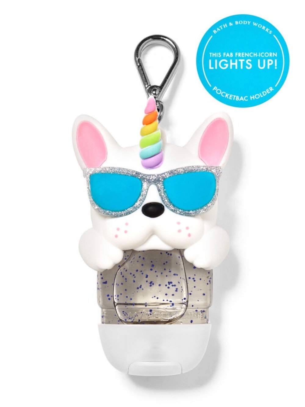 White unicorn dog keychain with rainbow horn and blue glitter sunglasses
